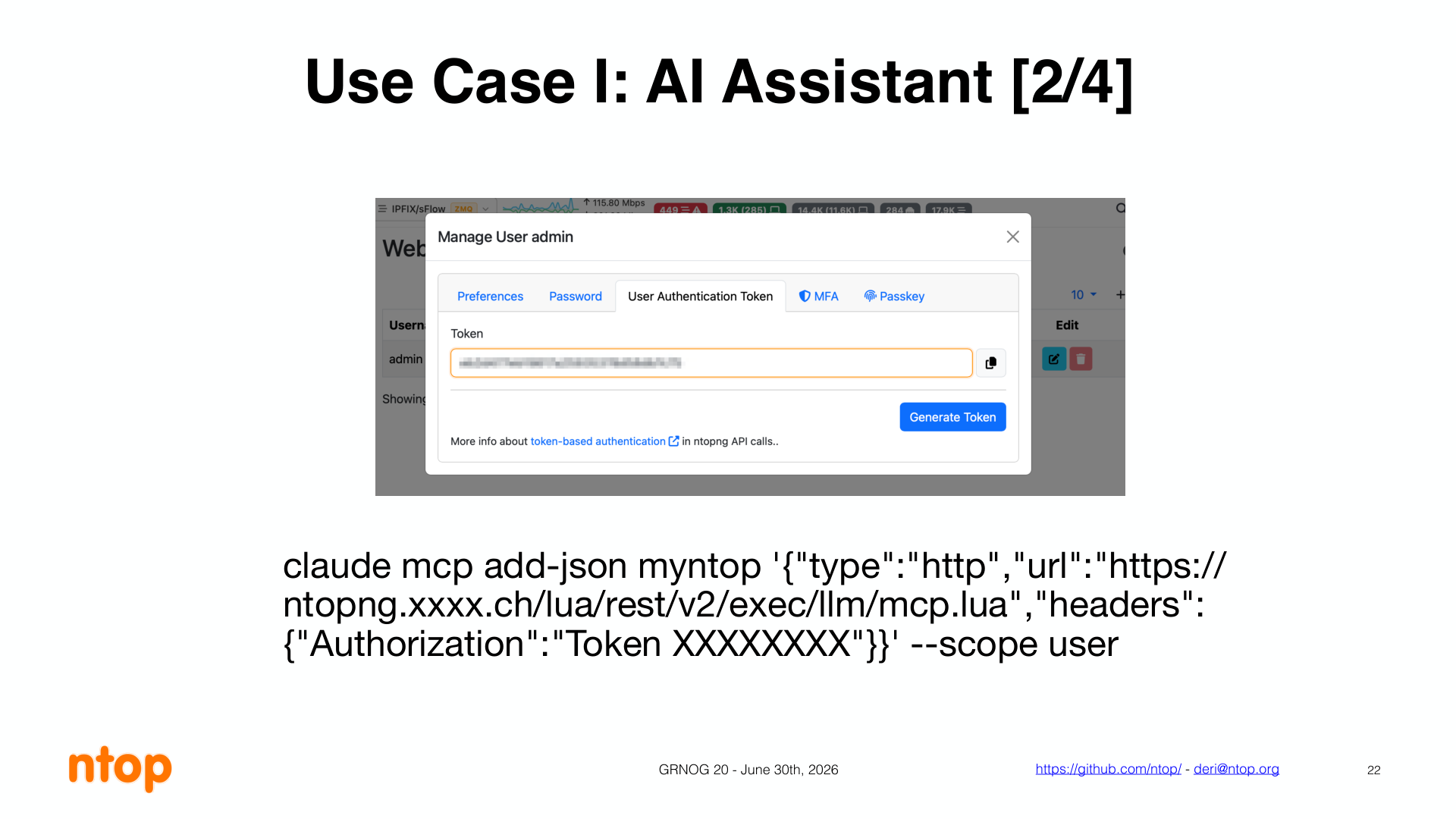 Configuração do MCP do ntopng no assistente, com token de autenticação